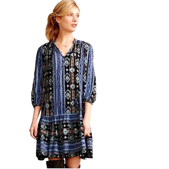 ANTHROPOLOGIE Holding Horses Winter Moon Blue Aztec Print Tunic Peasant Dress - Picture 5 of 13